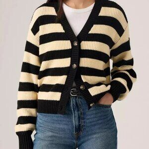 Levi's Black and Cream Striped Button-Up Cardigan Sweater